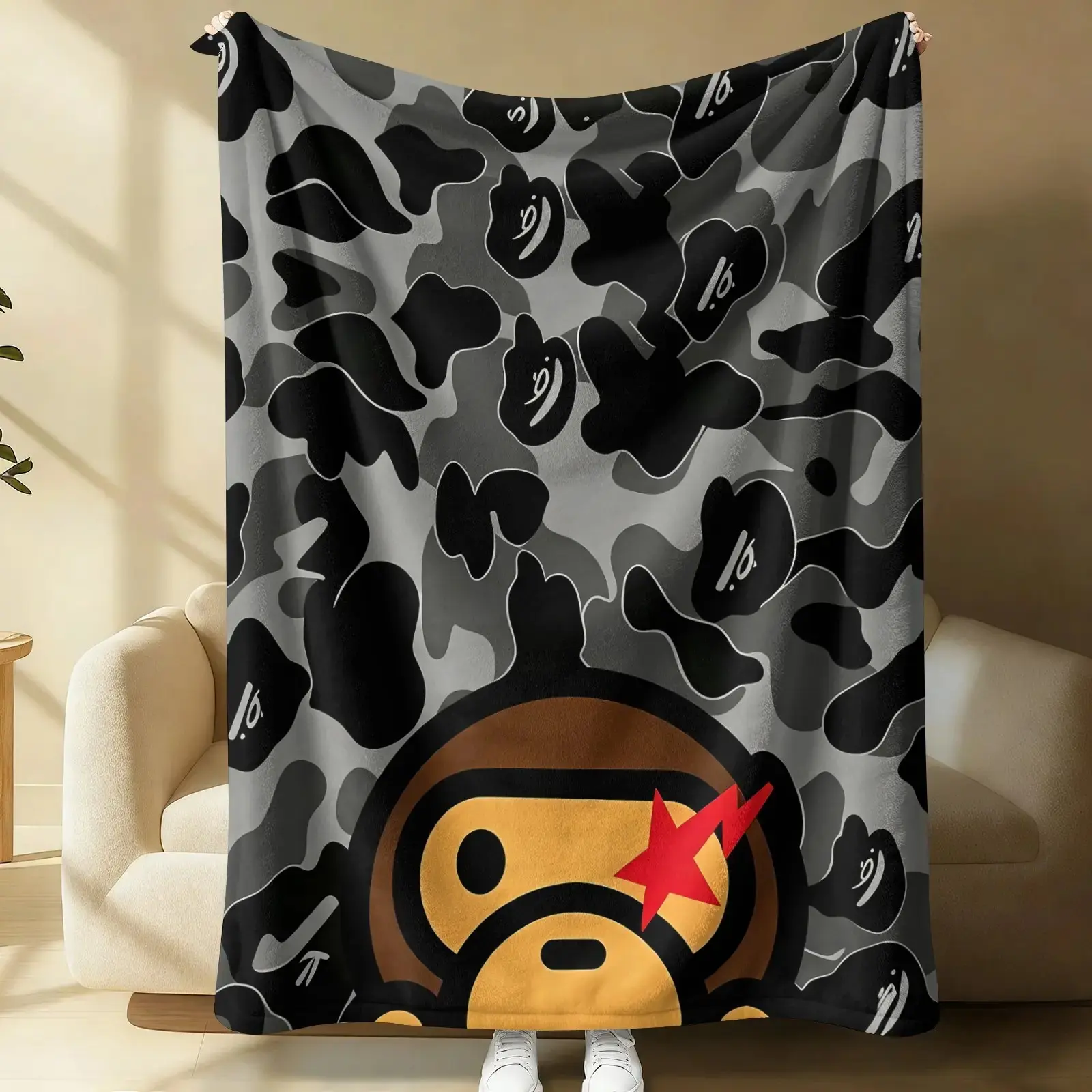 Bape Baby Milo Flannel Blanket, Hypebeast Camo Ape Head Soft Plush Throw Blanket for Sofa Bed Streetwear Decor Aesthetic Gift for Men