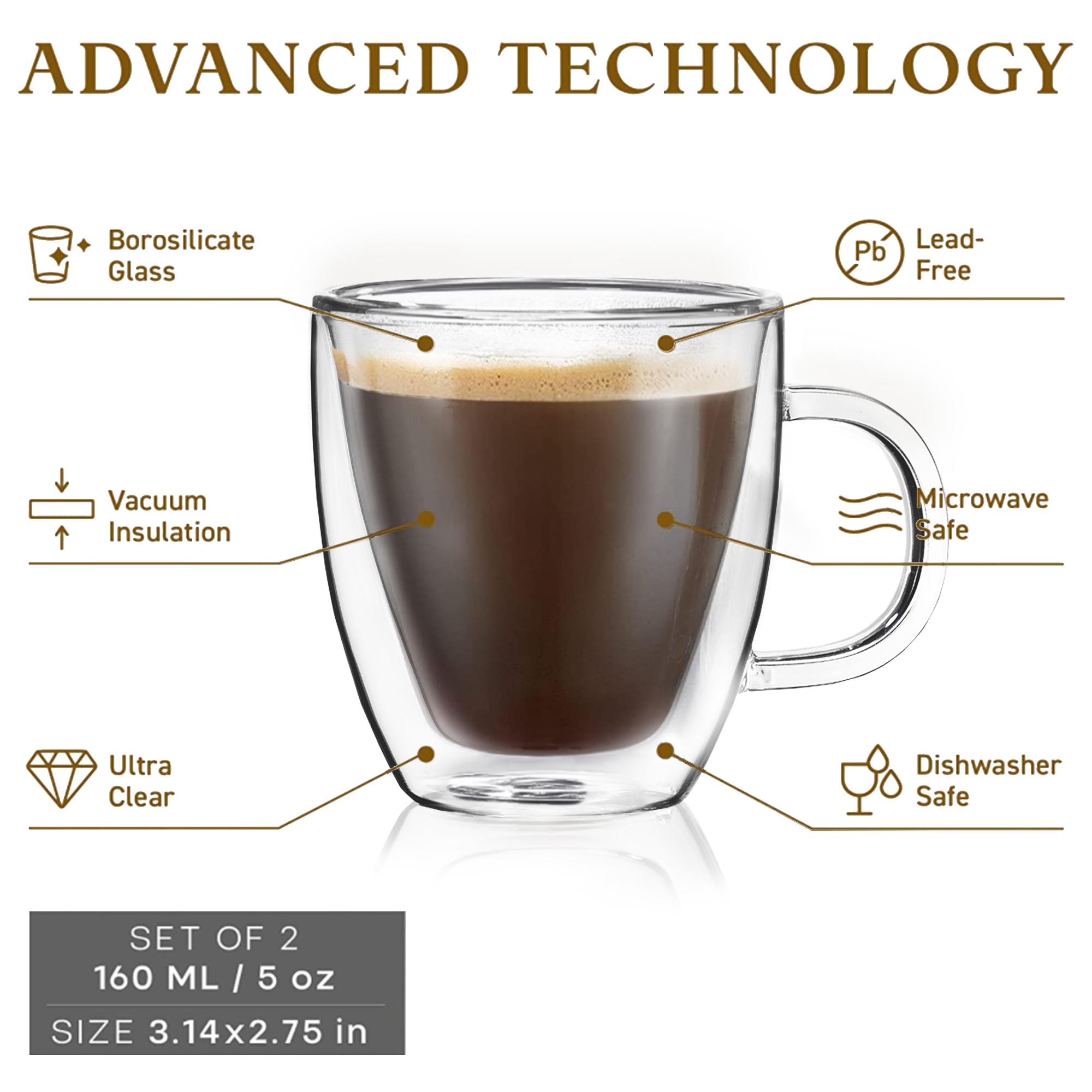 5oz Espresso Cups Set of 4, Small Double Wall Hand Blown Coffee Shots Glass, Expresso Mugs,Tazas de Cafe Expreso, Perfect For Espresso Latte Cappuccinos Tea Bag Juice Drinkware