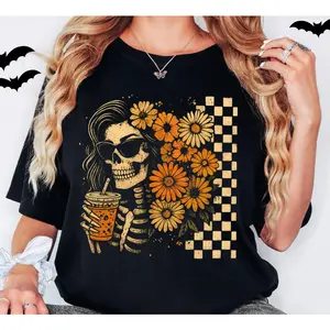 Checkered Skeleton Shirt, Floral Woman Skeleton Halloween Shirt, Skull Halloween Tee, Spooky Skeleton Sweatshirt, Fall Flowers Skeleton Tee