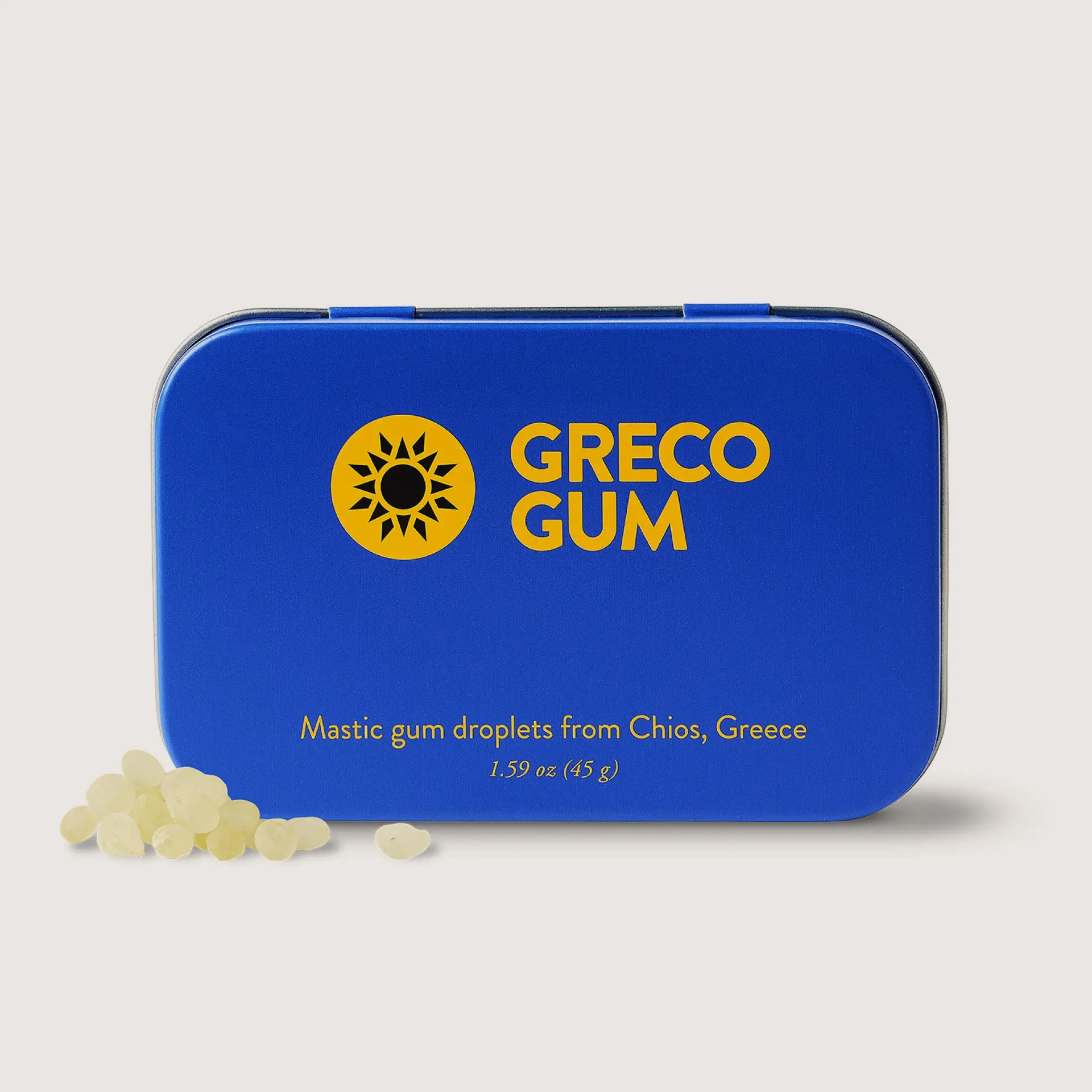 Greco Gum - Premium Mastic Gum Droplets - Hard Chewing Gum Promotes Jaw Exercise - Pure Mastic Resin with Piney Flavor - 1 Tin (45g)