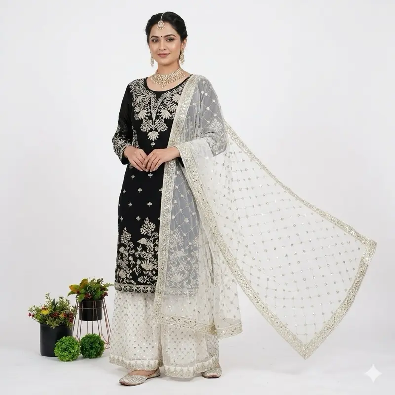 Women's Casual Indian Dress - Aesthetic Embellished Top, Comfortable Light-Colored Outfit with Dupatta, Elegant Style Clothes for Versatile Wear