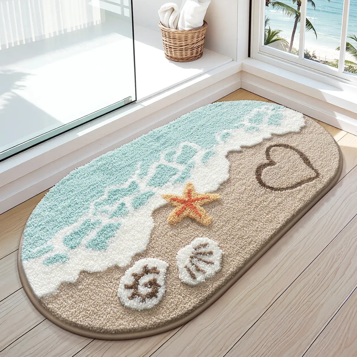 LUMI Soft Absorbent Beach Bathroom Rug Non Slip Backing Sea Beach Starfish Shell Design 22x34 Decorative Mats for Bathroom Kitchen Entryway
