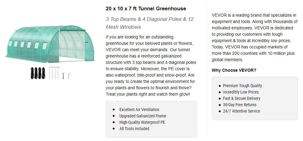 VEVOR Walk-in Tunnel Greenhouse,  Portable Hot House, Max. 20 x 10 x 7 ft, Galvanized Steel Hoops, 3 Top Beams, 2 Zippered Doors, Diagonal Poles VEVOR Super Brand Day