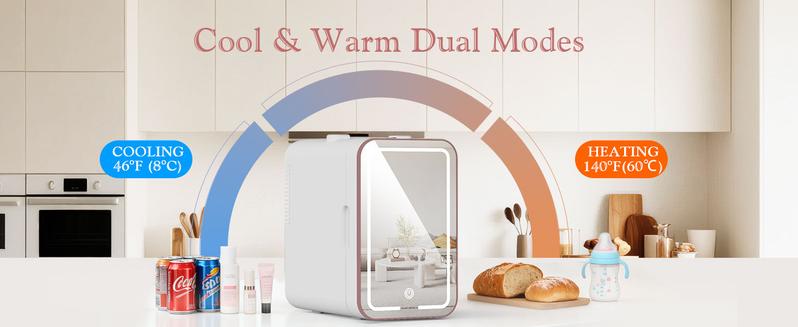 Mini Fridge for Bedroom, 6L Skincare Fridge with LED Mirror, Portable Cooler & Warmer for Dorm, Office, Makeup & Cosmetics, White Compact Quiet Design