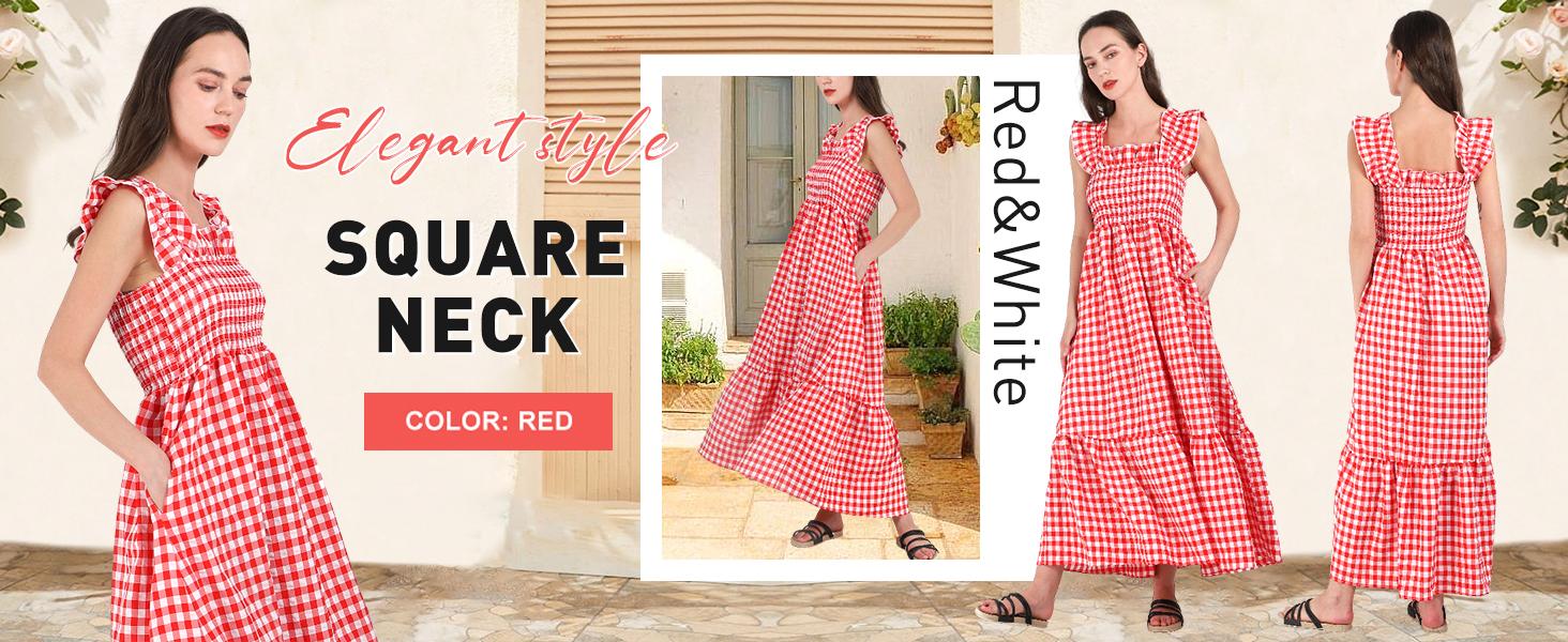 Ebossy Women's Summer Khaki Retro Plaid Smocked Dress Sleeveless Spaghetti Strap Flounce Long Dress Casual Womenswear Bohemian Sundresses