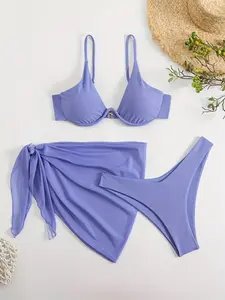 2026 New Push Up Bikini Set with Mesh Skirt - High Cut 3-Piece Swimsuit for Beach Vacation & Pool Party, High Elasticity Sculpting Fabric