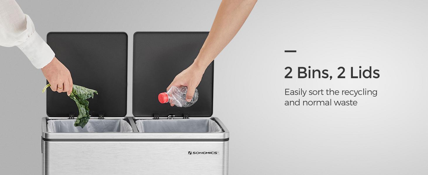 SONGMICS Stainless Steel Trash Can Garage Can Multi-Compartment Plastic Inner Buckets and Hinged Lids Soft Closure Kitchen