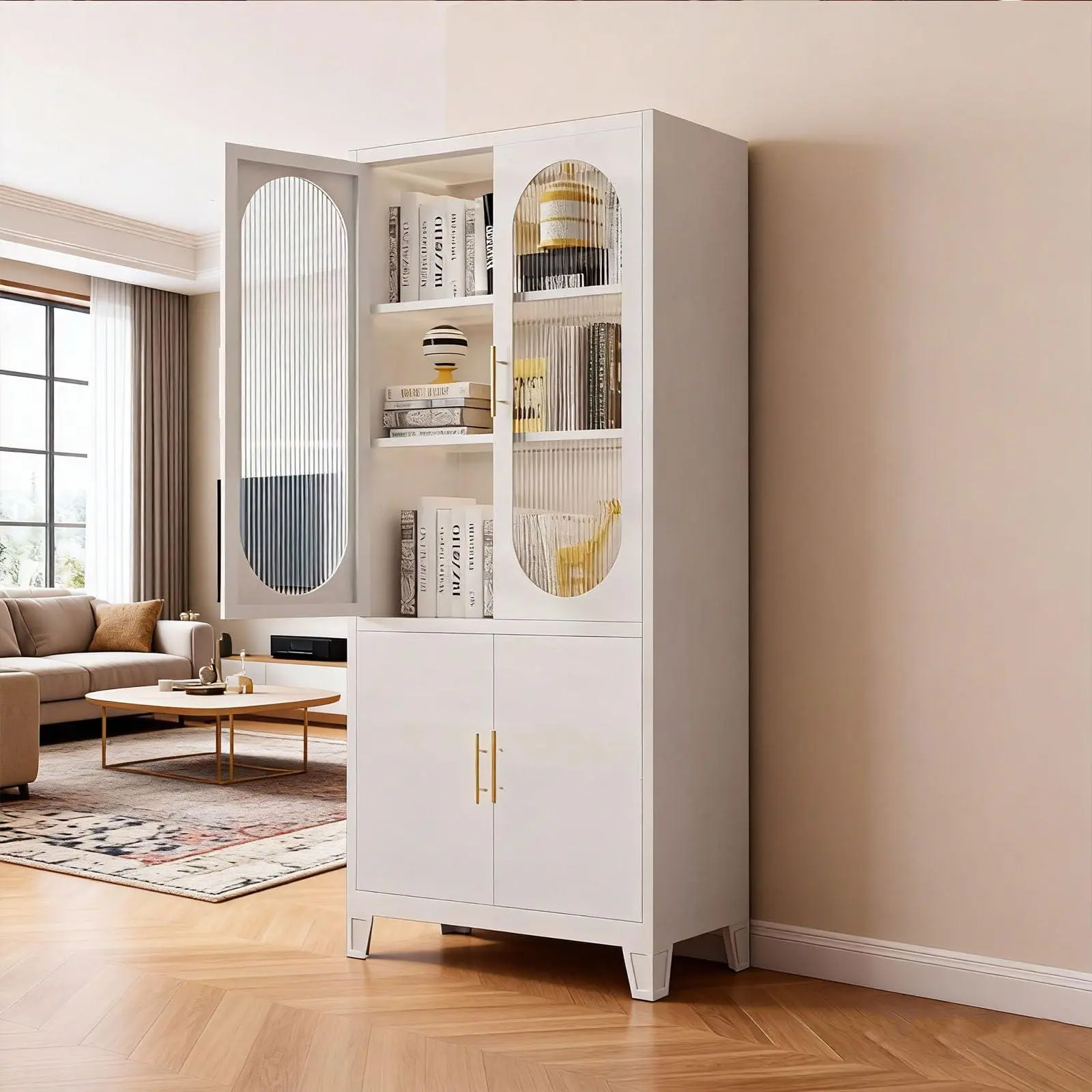 Pantry Cabinet with Fluted Glass Doors, 71 Inch Kitchen Storage Cupboard with Metal Accent for Dining Room and Kitchen Organization