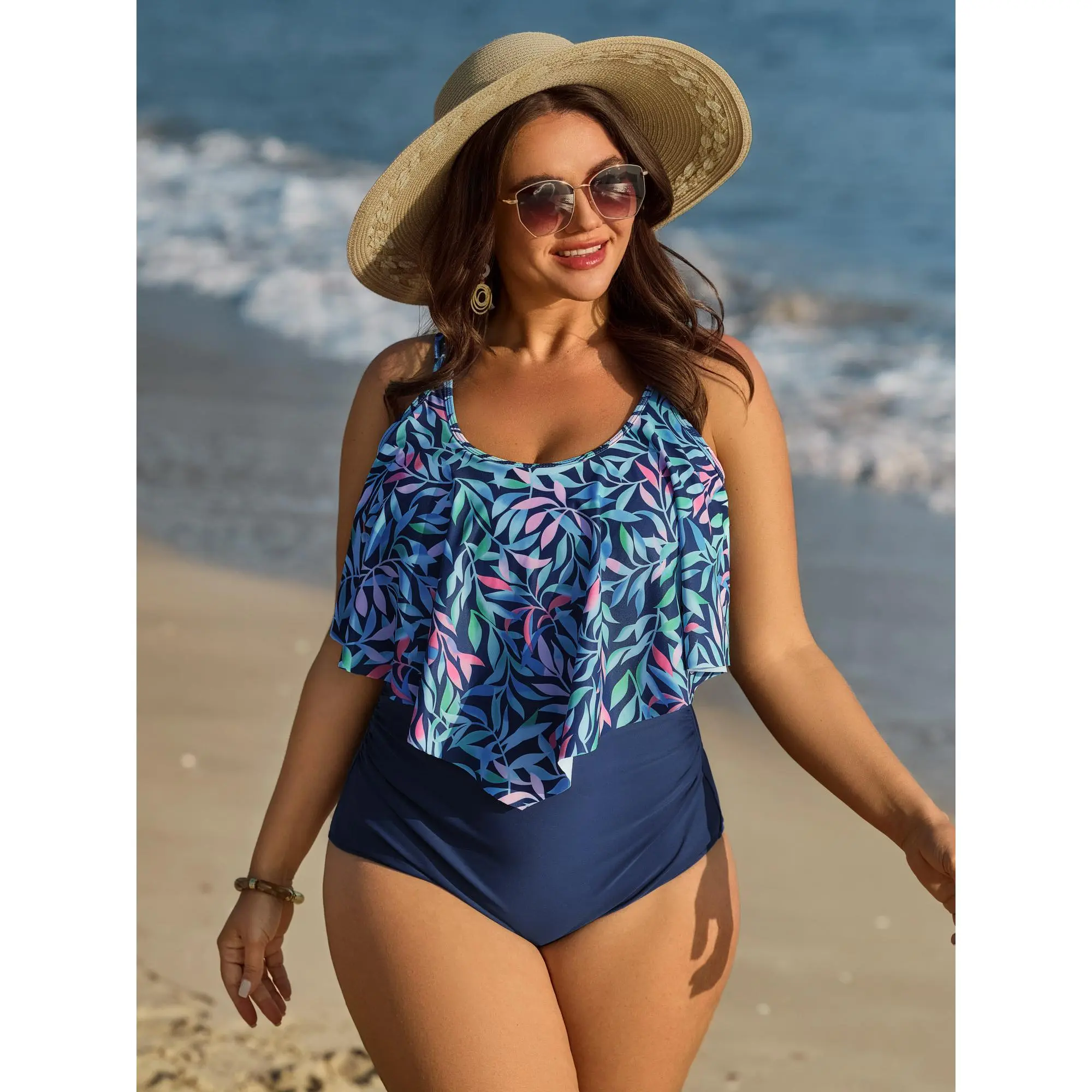【Tummy control】BLOOMCHIC Plus Size Ruffled Tropical Print One Piece Swimsuit [M-6X]Summerfinds