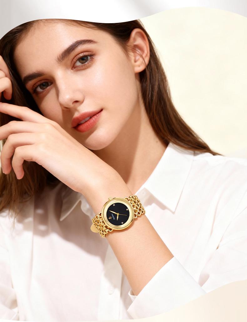 Luxury Round Bracelet Watch    Fashionable Women's Wristwatch Gold Black Dual Color Options Waterproof Free Size Adjustment Suitable for Daily Wear