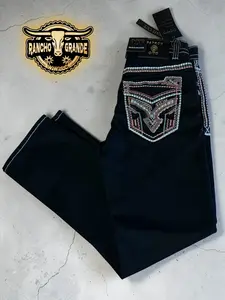 Pcto -1410 Black Men's Western Cowboy Jeans Straight Fit Boot Cut / Pantalon Vaquero para hombre