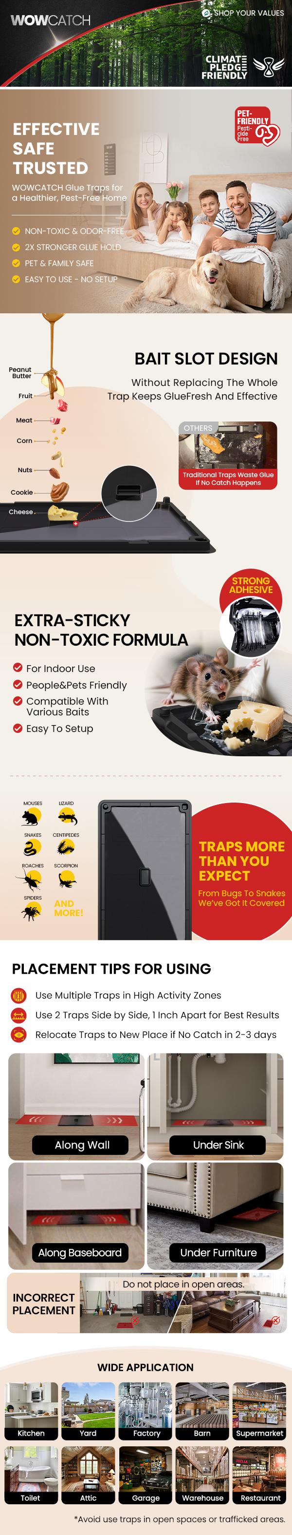 Wowcatch Indoor Sticky Glue Traps 16/24 Pack Assorted Sizes S/M/L Pet Safe Non Toxic with Bait Slot Effective for Mice Rats Roaches Ideal for Home Kitchen Pest Control