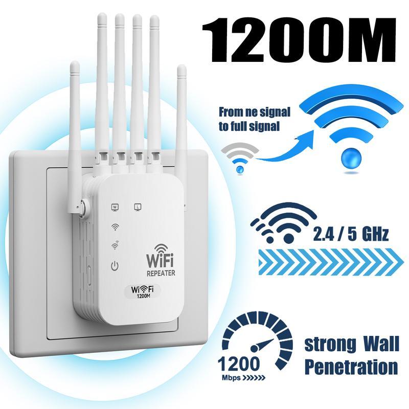 W2-WiFi Extender 2025 6-Antenna Strong Signal, 1200Mbps Dual Band (5GHz/2.4GHz) Booster, Covers 12,000 sq. ft & 100 Devices, Repeater with Gigabit Port & AI Connectivity, Ideal for Home Studios, Remote Workspaces, VR Areas