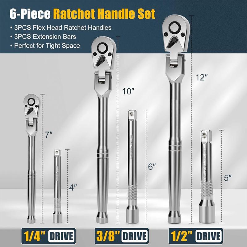 6-Piece Flex Head Ratchet Set Chrome Vanadium Steel 1/4 3/8 1/2" Drive with Extension Bars 72 Tooth 180° Adjustable Quick-Release Professional Swivel Head Ratchet Wrench Gift Set for Tight Spaces and Easy Reach BlackFriday Christmas Gift