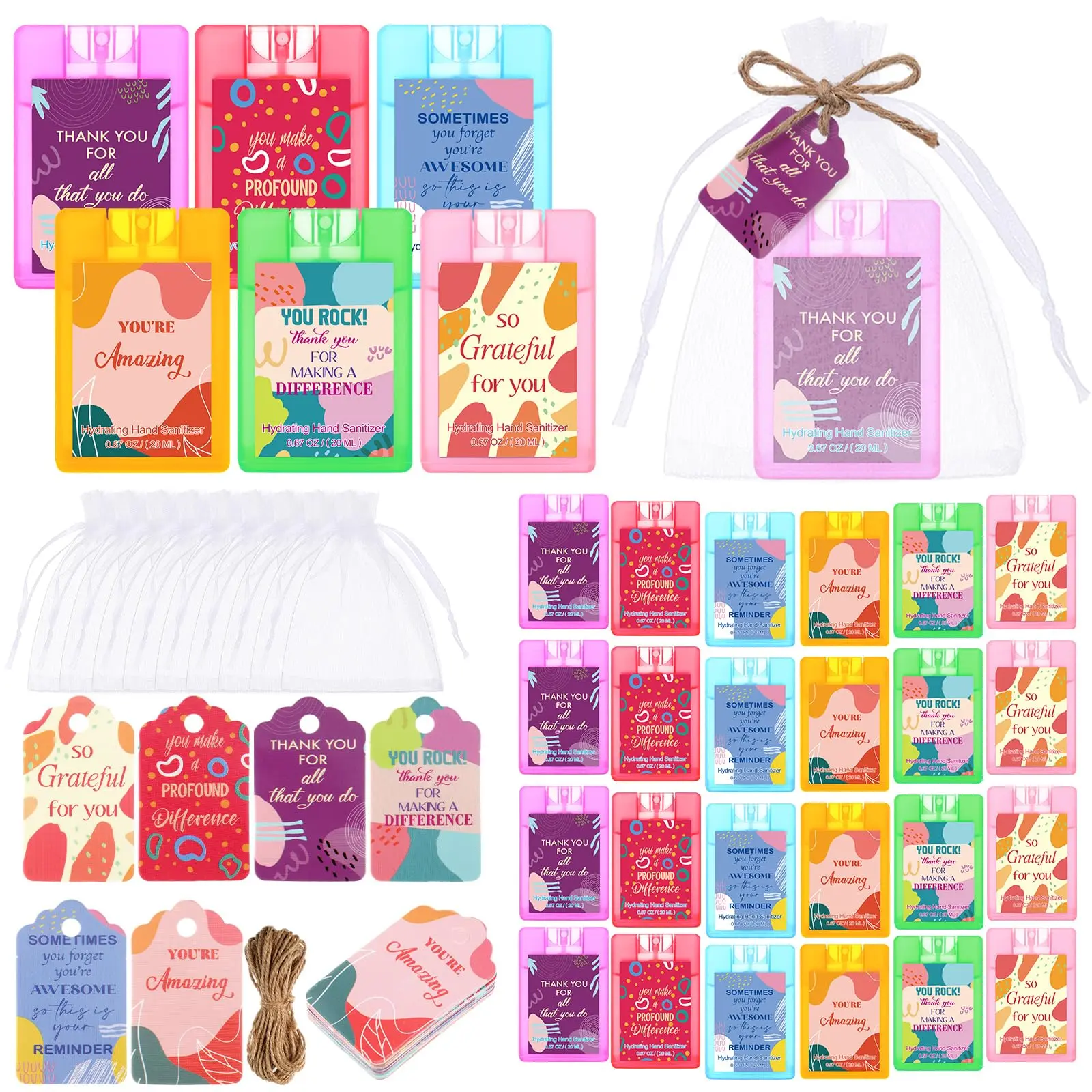 Christmas Hydrating Hand Sanitizer Spray 0.67oz (20ml) ,Bulk 12/24 Sets Mist Portable Hand Sanitizer with Positive Sayings Gifts Cards & Clear Organza Bags, Fruity Scent Thank You Gifts for Teacher Camp Counselor Church volunteer Gifts Kids group favors