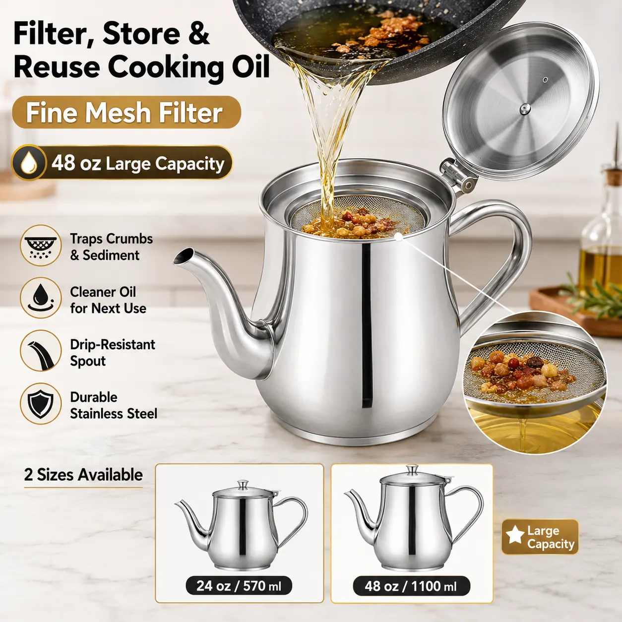 Stainless Steel Oil Strainer Pot with Fine Mesh Filter, 24/48 oz Cooking Oil Container for Used Frying Oil, Bacon Grease Keeper, Reusable Oil Storage Can with Drip-Resistant Spout