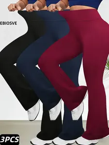 3-Pack Women's Business Casual Elegant Flared Bell-Bottom Pants - Solid Color High-Rise Medium-Stretch Trousers, Wide-Leg Office Wear, Machine Washable, Full-Length Loose-Fit Workout Trousers with Elastic Waist, Pants Suitable for Gym, Running, Yoga