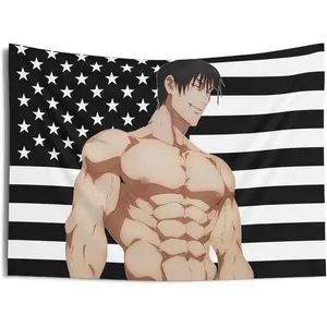 Toji American Flag Tapestry, anime Funny Room Merch, meme gift idea, Wall decor for anime fan, USA flag, banner Decorative Linen Decoration Items Cotton