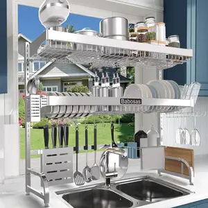Over the Sink Dish Drying Rack,3 Tier Adjustable Length (25.5'' to 37.4'') Full Stainless Steel Large Storage Kitchen Dish Rack,For Kitchen Counter Expandable Multifunctional Organizers,Silver Babosas