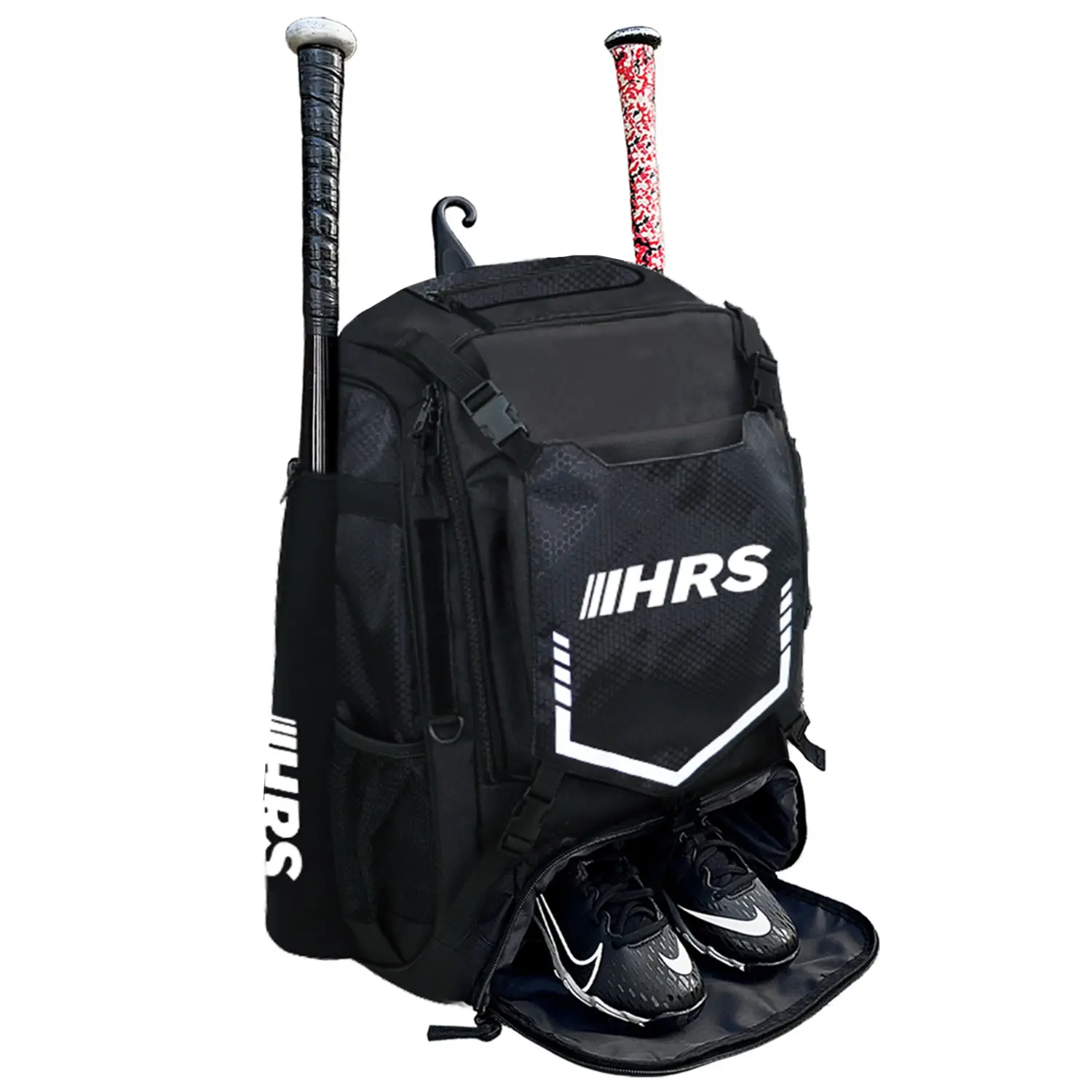 Hit Run Steal Black Bat Bag Backpack for Baseball & Softball, Water-repellent Equipment Bag for Travel to Games with Heavy Duty Fence Hook & Ventilated Shoe Pocket, Padded Straps, Lightweight, #1 Seller, Breathable Back Panel, Game Travel