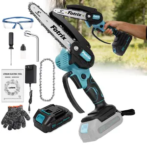 Fotrix 6-inch brushless lithium-ion battery single-handed chainsaw comes with a 21V battery, safety goggles, gloves, and a chainsaw chain for efficient wood cutting. It is a compact chainsaw.