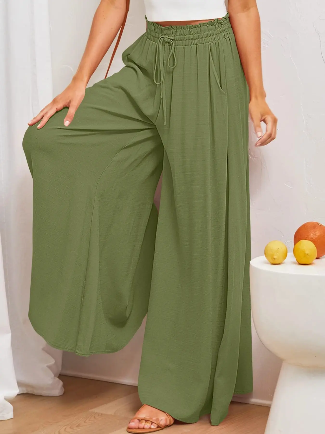 New Spring Summer Casual Adjustable Drawstring Pockets Solid Wide-Leg Trousers, Fashion Versatile Loose Pants for Women, Comfortable and Stylish Everyday Wear