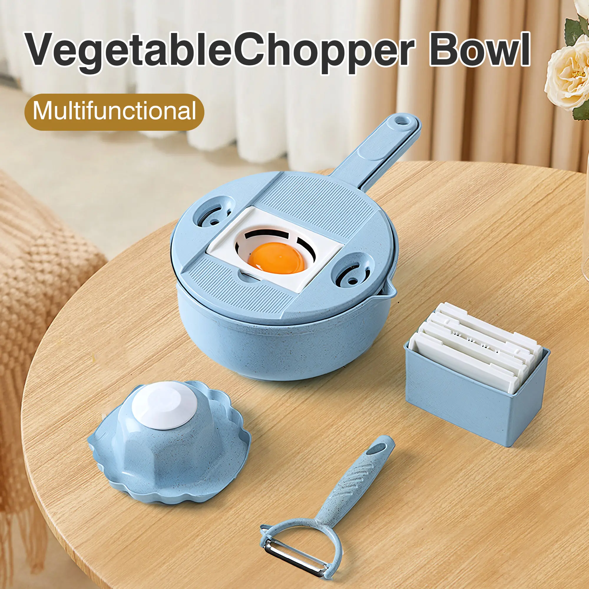 Blue Stainless Steel Durable Kitchen Slicer Utensil - Quick Slice Cutter with 12 Cutting Bowls, Compact Design, Easy Cleaning, High Versatility for Daily Cooking Prep, Holiday Exchanges