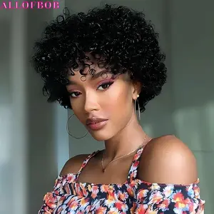 ALLOFBOB Glueless Wigs Human Hair Water Curly Wig For Women Glueless Wigs Short Curly Bob Wig with Bangs Wear To Go Short Curly Human Hair Wig for Women Brazilian  Human Hair Glueless No Lace Machine Made Wigs