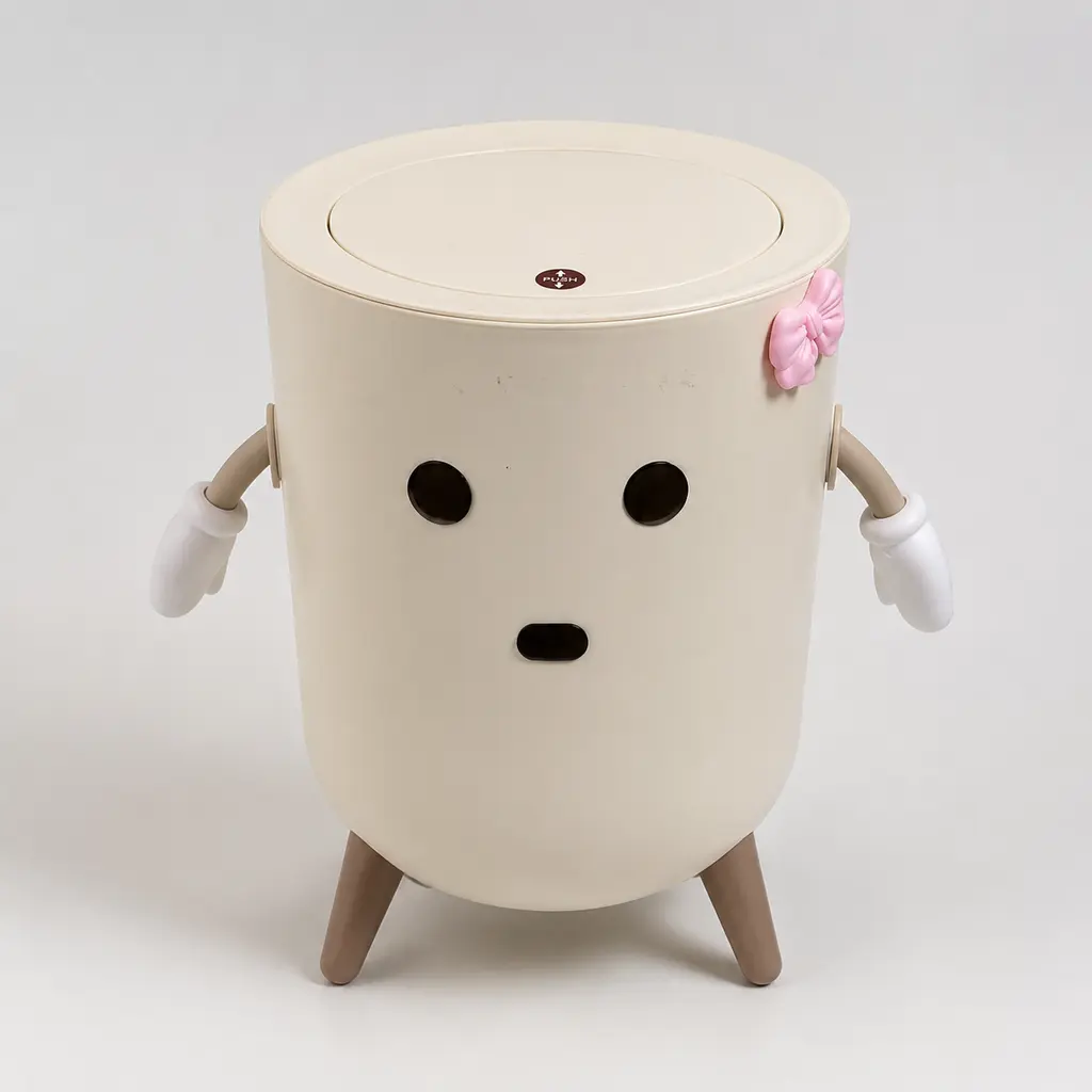 Cream Cute Cartoon Press-Top Trash Bin - Smooth, Waterproof, Durable, Kids-Safe, 1-Hand Press, Universal Home Office Waste Bin with Wooden Tripod Legs for Girls' Bedroom Vanity Decor & Storage