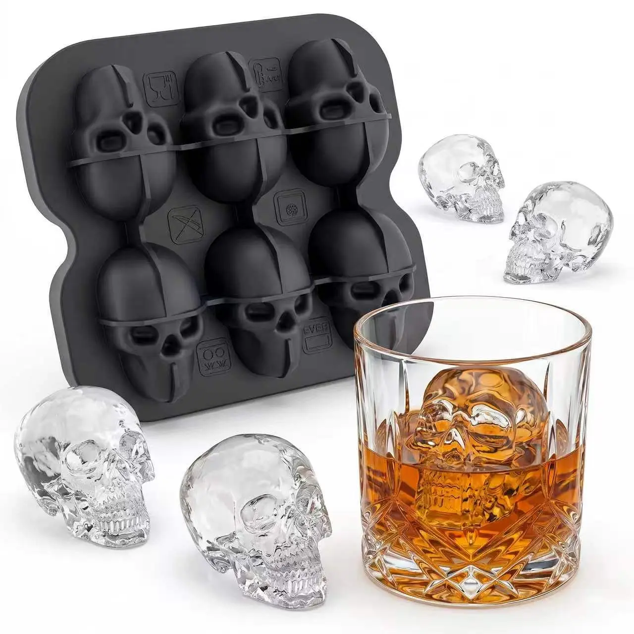Skull Shaped Ice Cube Molds Silicone Trays BPA Free for Halloween Parties & Soft Drinks Clear Ice Balls Utensils