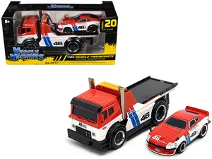 JDM Flatbed Truck #46 Red & White w/Blue & 1972 Datsun 240Z #46 Red and White w/Blue 1/64 Die Cast Models by Muscle Machines