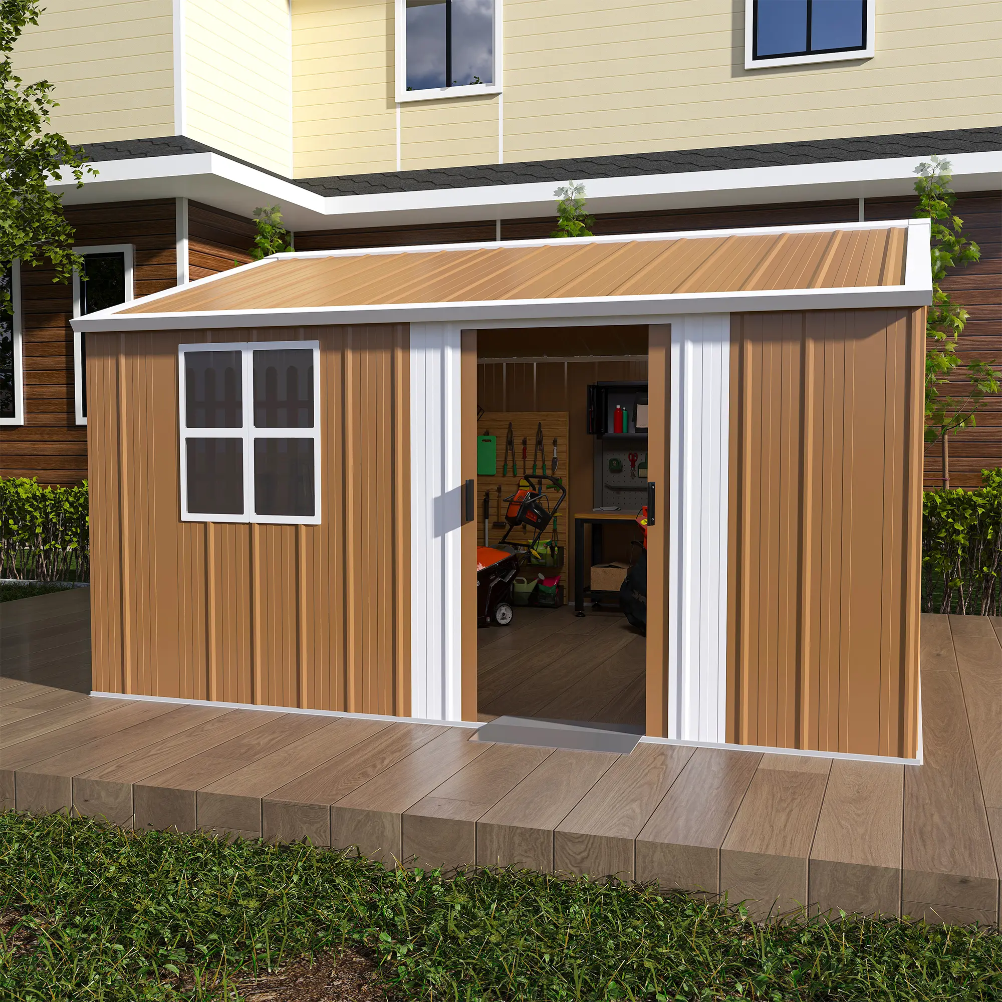 12x10 FT Heavy-Duty Metal Outdoor Storage Shed Furniture with Windows, Secure Locking System, Integrated Ventilation, Steel Frame, Water Resistant - Assembly Required Garden Tool Holder for Backyard, Patio