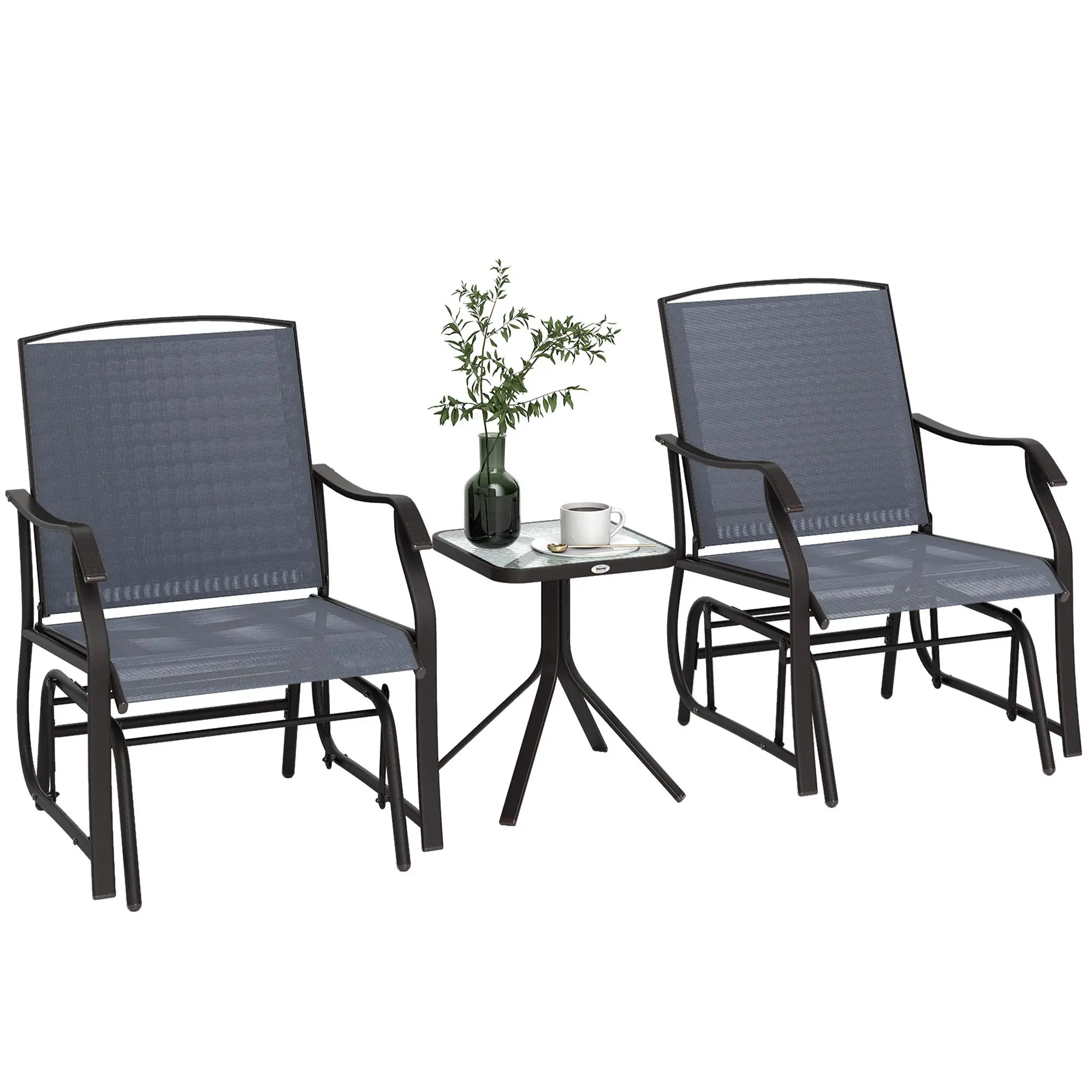 Outsunny 3-Piece Patio Seating Home Outdoor Furniture Bistro Set - 2 Sturdy Waterproof Rocking Swing Chairs (weight capacity: 352 lbs, 24.5"w x 28.25"d x 36.25"h) with Breathable Sling Fabric, Glass Tabletop Glider (66 lbs capacity) for Backyard, Garden
