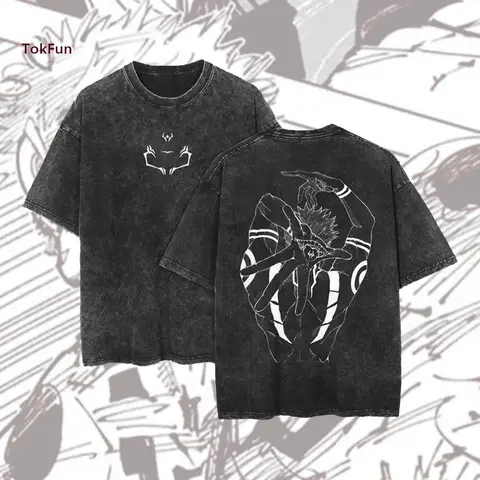 Sukuna JJK Vintage Cotton Tee Jujutsu Kaisen Anime Double Printed Oversized Washed T-Shirt Unisex Mineral Anime Manga Washed Heavy Cotton T-shirt, Gift For Anime Fan, Anime Lover