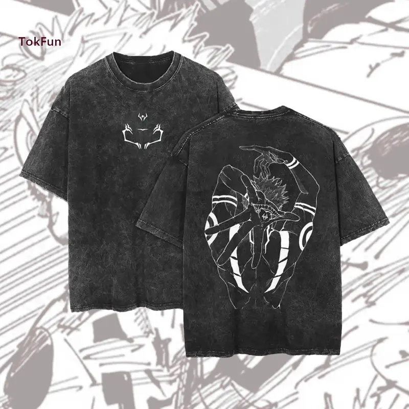 Sukuna JJK Vintage Cotton Tee Jujutsu Kaisen Anime Double Printed Oversized Washed T-Shirt Unisex Mineral Anime Manga Washed Heavy Cotton T-shirt, Gift For Anime Fan, Anime Lover
