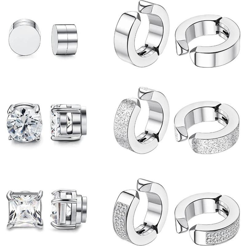 FLORIDECO 6 Pairs Stainless Steel Magnetic Stud Earrings for Men Women Hoop Earrings Clip on CZ Non-Piercing Jewelry Cubic Zirconia
