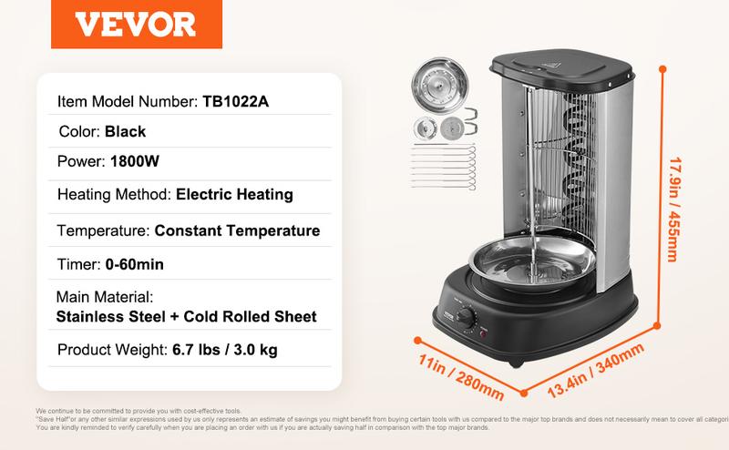 VEVOR Stainless Steel Shawarma Grill Machine Vertical Gyro Rotisserie Doner