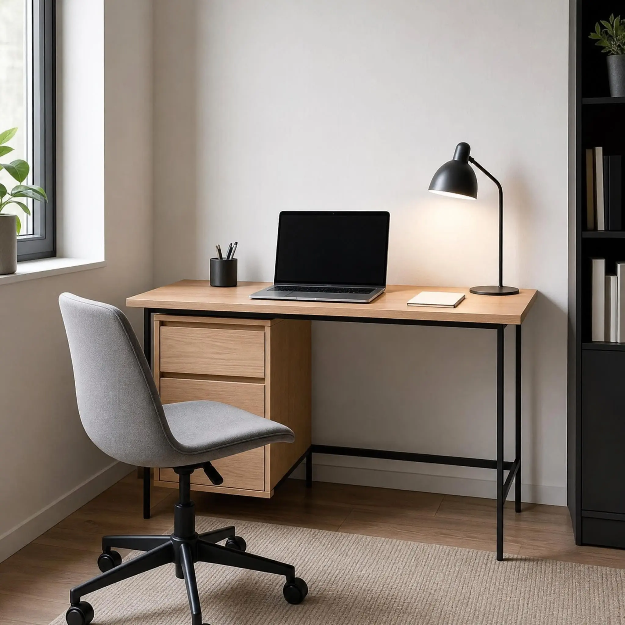 Garvee Modern Small Home Office Computer Desk with Drawer & Door Cabinet Storage - Compact Writing Study Desk for Bedroom, Small Spaces - 47 Inch - Natural Oak/Black - Maple