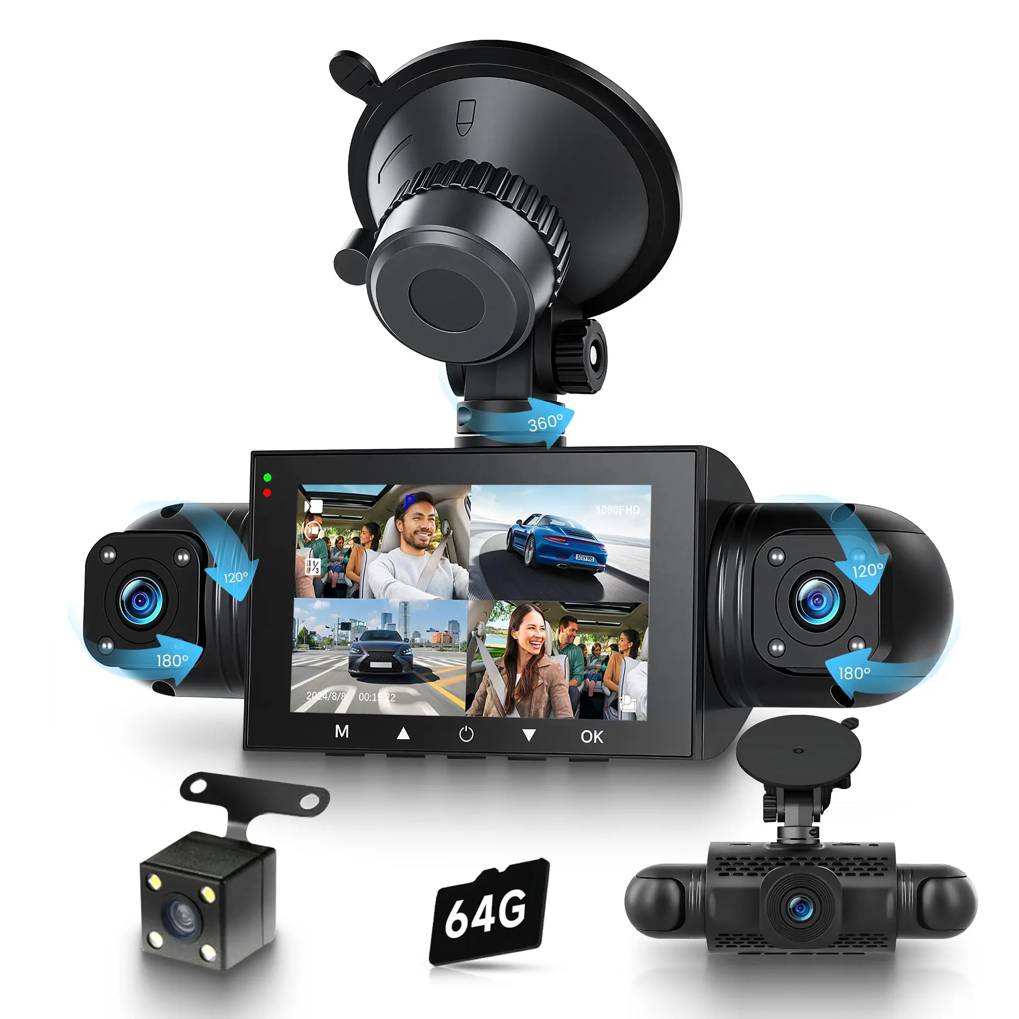 4-Channel Dash Cam, 1080P Car DVR with 3" IPS Screen, 4 Lenses (Front, Left, Right, Rear), G-Sensor, Loop Recording, Motion Detection, 64GB TF Card, Dashcam, Motion Detected, Dashcam Set