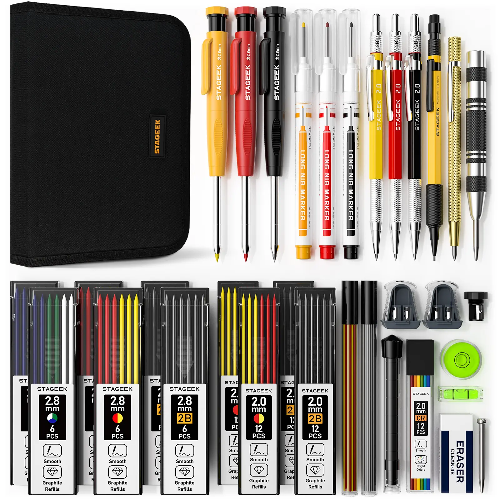 STAGEEK 34 Pack Carpenter Pencil Set with Sharpener, Mechanical Carpenter Pencils with Deep Hole Long-Nib Marker Pens, Carbide Scribe Tool & Construction Pencils for Architect Woodworking with Case,back to school,back to school haul