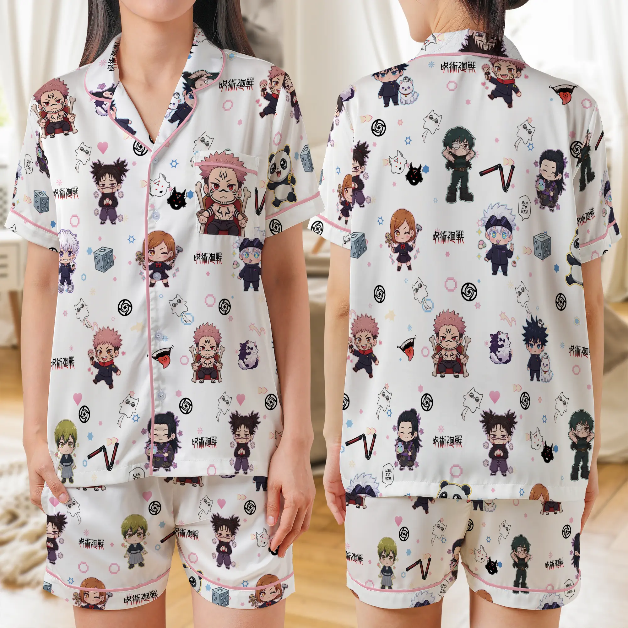Juju1su Ka1sen Satin Pajama Set, Cute Anime Chibi Pjs, Anime Fan Sleepwear JJK002