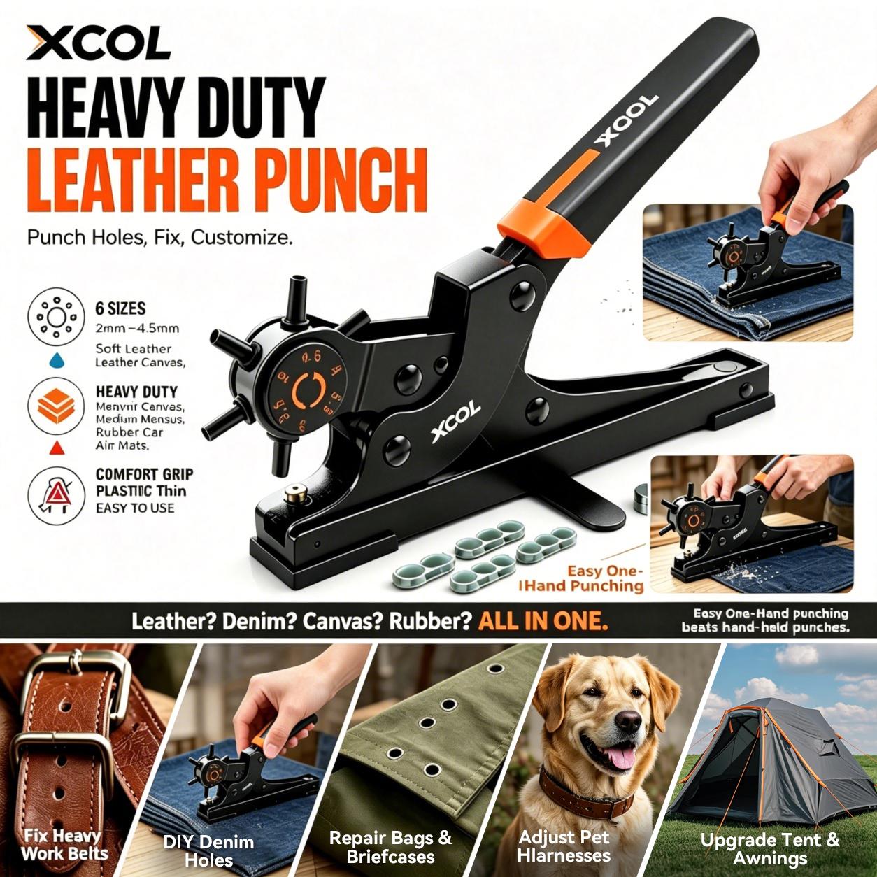 XOOL Revolving Punch Plier Kit, Leather Hole Punch Set for Belts, Watch Bands, Straps, Dog Collars, Saddles, Shoes, Fabric, DlY Home or Craft Projects, Heavy Duty Rotary Puncher, Multi Hole Sizes Make