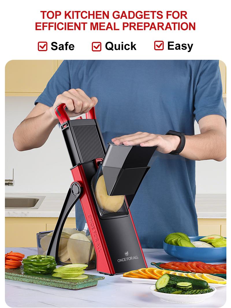 【ONCE FOR ALL】Press-type Multifunctional Vegetable Slicer with 4 shapes and 8 thicknesses adjustable. No need to replace blades; simply turn the knob.Strong SuctionCup Base, Kitchen Utensils Vegetable Slicer DicerFruit Vegetable Slicer Gadgets Kitchen out