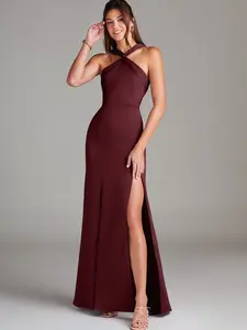 Azazie Rue Mermaid Twisted Halter Pleated Leg-Slit Bridesmaid Wedding Guest Satin Dress