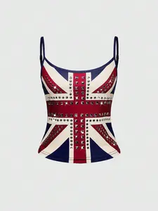 Grunge Punk Women's Kpop Y2K Vintage UK Flag Print Rhinestone Rivet Camisole Top