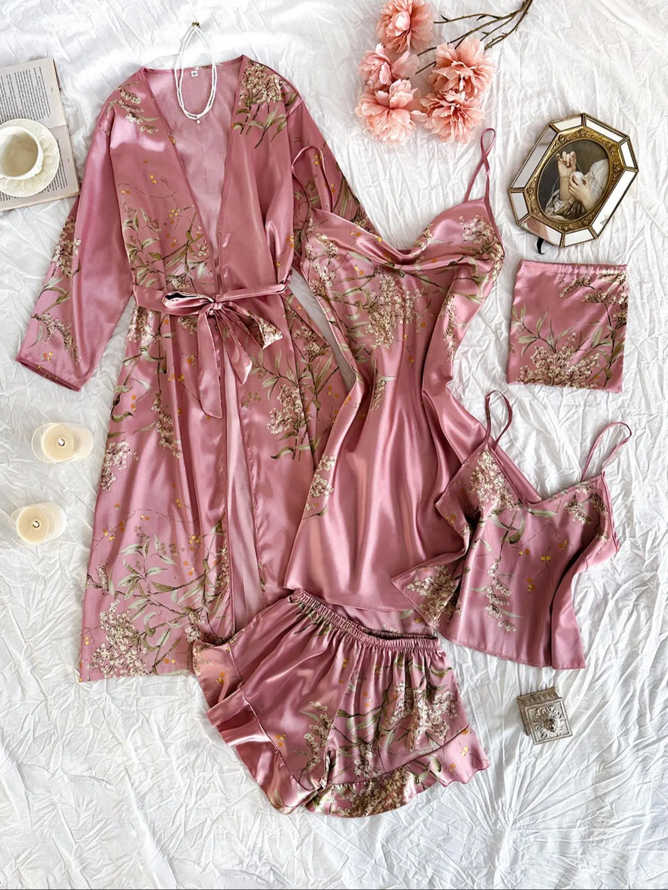 Women's Floral Print Satin Pajama Set with Belted Robe, Cowl Neck Cami Nightdress, Backless Cami Top, Elastic Waist Shorts & Storage Bag, Lingerie Nightwear, Casual Comfy Lingerie, Casual Comfortable Sleepwear & Loungewear Camisole Sets