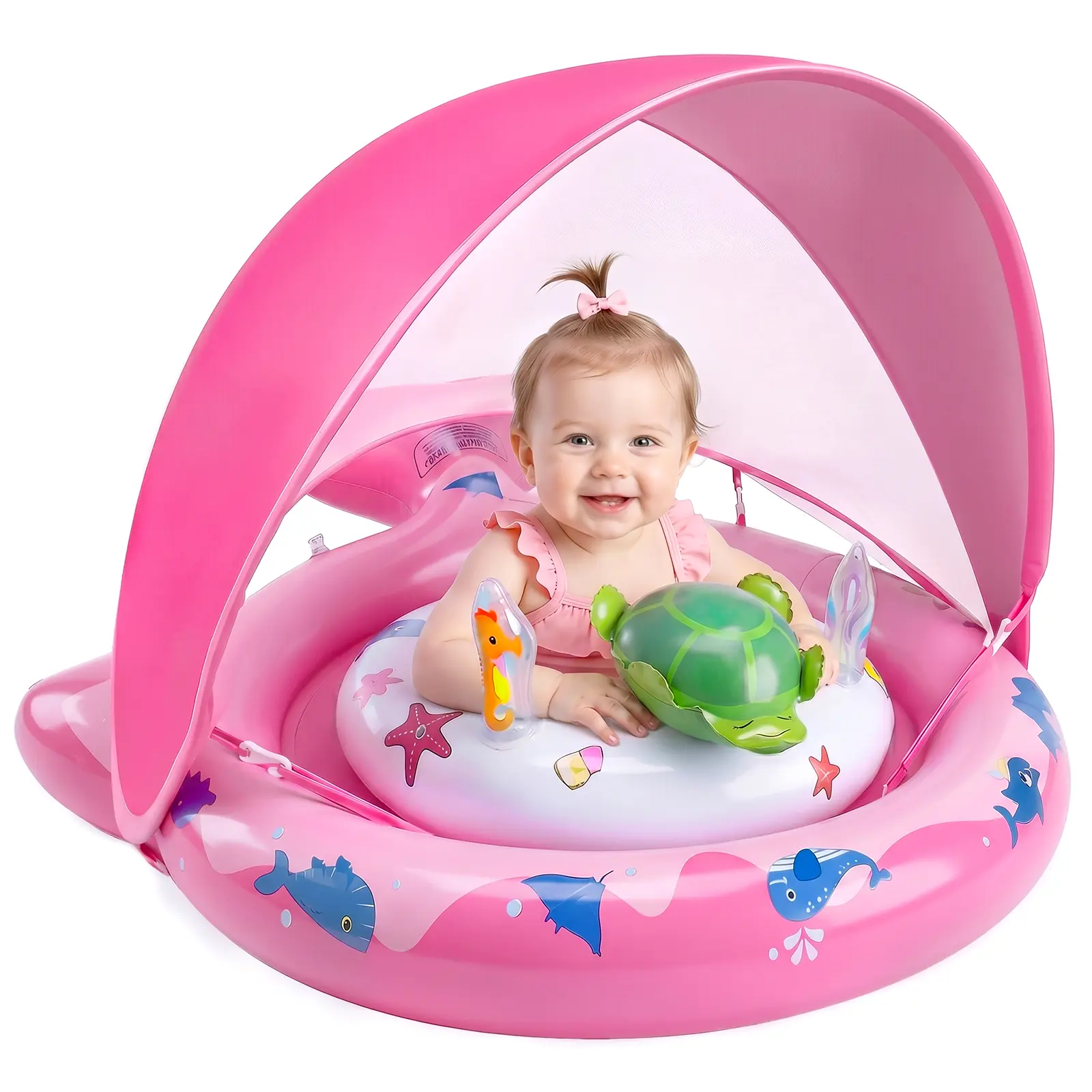 Inflatable Baby Pool Float Set for 6-36 Months Kids (Pink) - Outdoor Toddler Playset with UPF50+ Sun Protection, Cushioned Baby-Safe Seat, Breathable Compact Collapsible Design, Tiny Hands Tray, Air Pump, Toys, Portable Storage for Lake Use