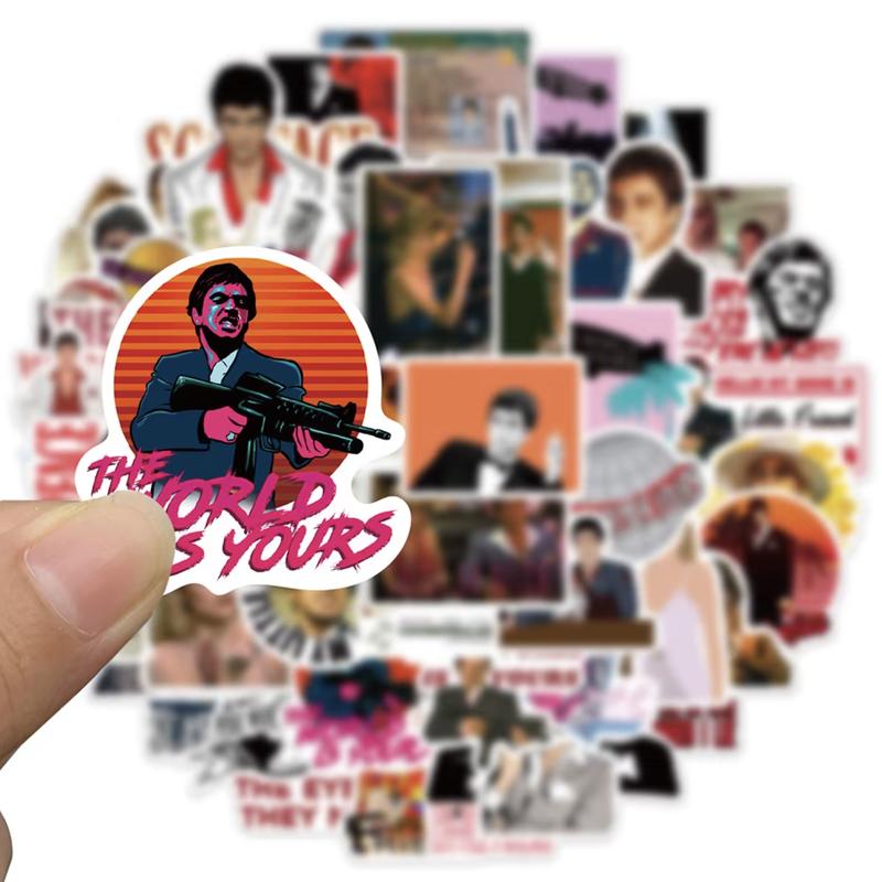 50pcs Movie Scarface Stickers Decals Waterproof DIY Graffiti Skateboard Laptop Stationery Cartoon Cool Sticker Toys Gifts Al Pacino Tony Montana The World Is Yours