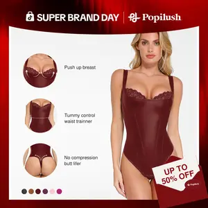 Popilush Basic Faux Leather Corset Top  Supportive Shapewear Bodysuit Lingerie Lace Trim Tummy Control Bustier Sleeveless Womenswear