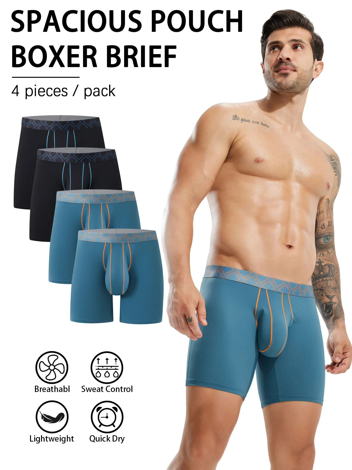 Men's Bulge Spacious Pouch Boxer Brief Underwear 4-Pack (Menswear), 8" Inseam, Plain, 2*Black/Navy/Light Blue, Casual, Breathable Moisture-Wicking Fabric with Instant Cooling Tech, No Rolling Or Digging